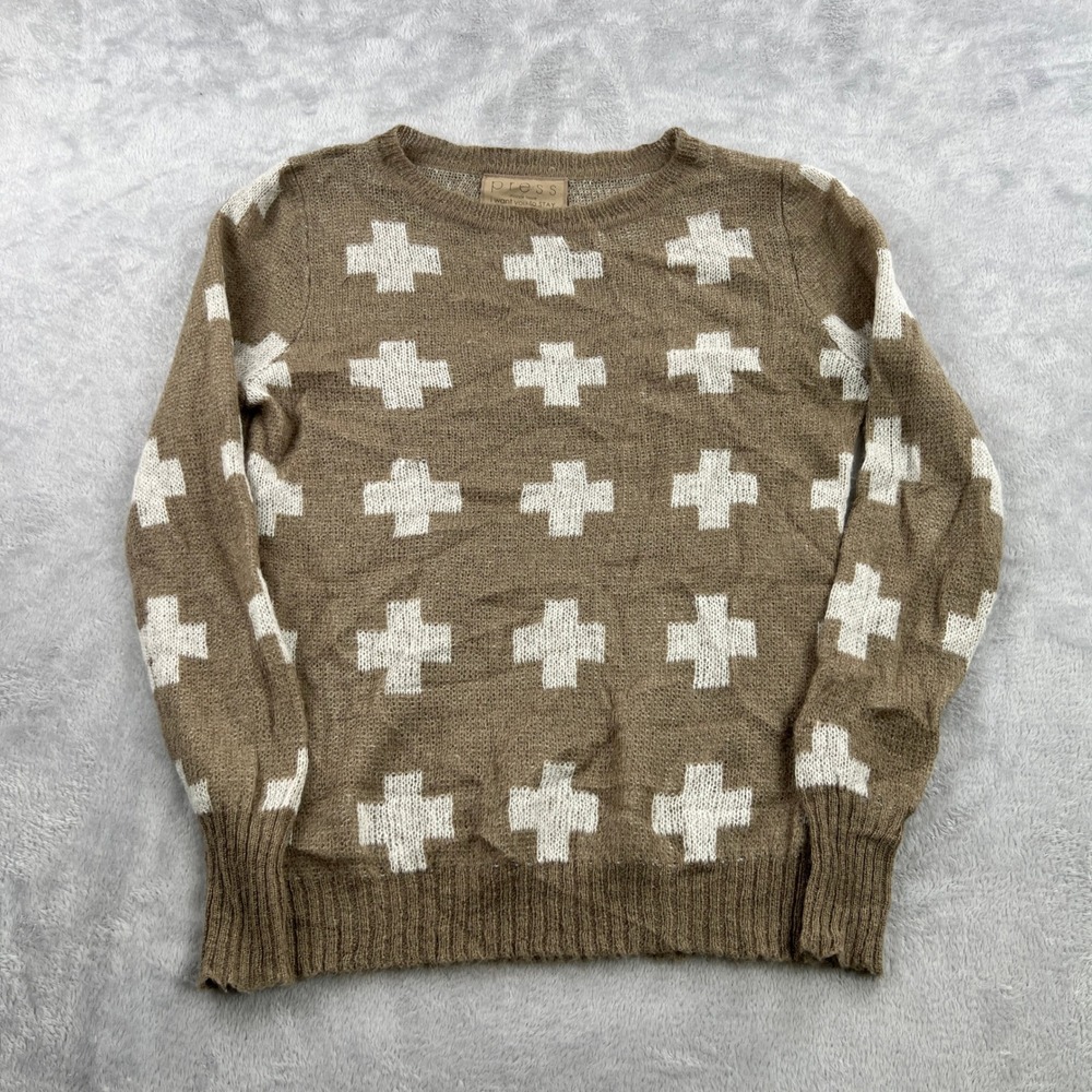 Press Mohair Blend Cross Knit Sweater L Brown Women Grunge Indie Boho Pullover
